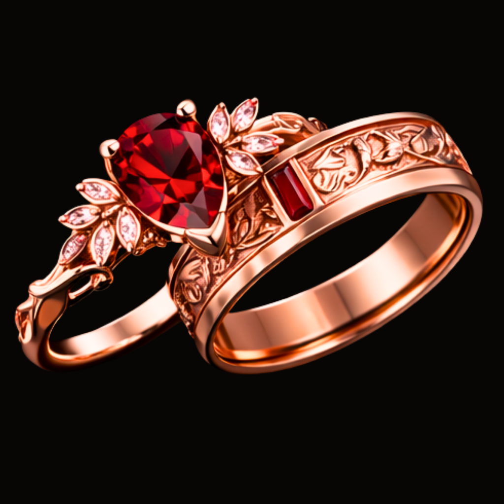 Véskara Crimson Heart Ruby Ring Set – Rose Gold Vintage Floral Band Pair