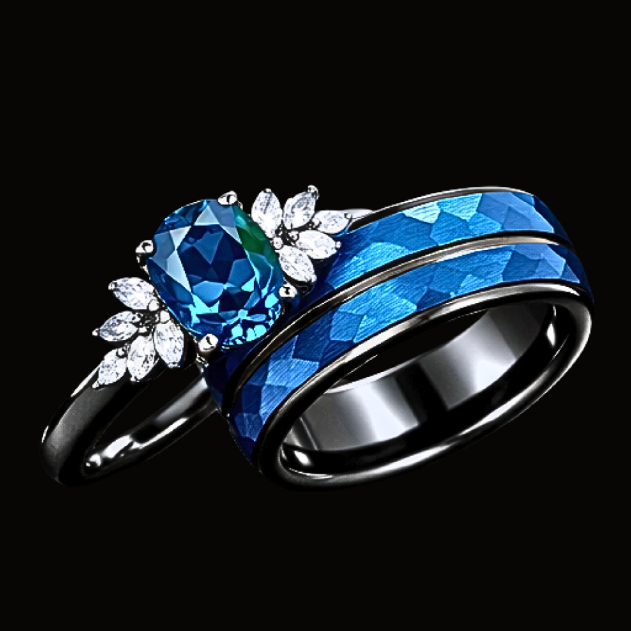 Véskara Azure Sapphire & Diamond Ring Set – Blue Faceted Wedding Band Pair