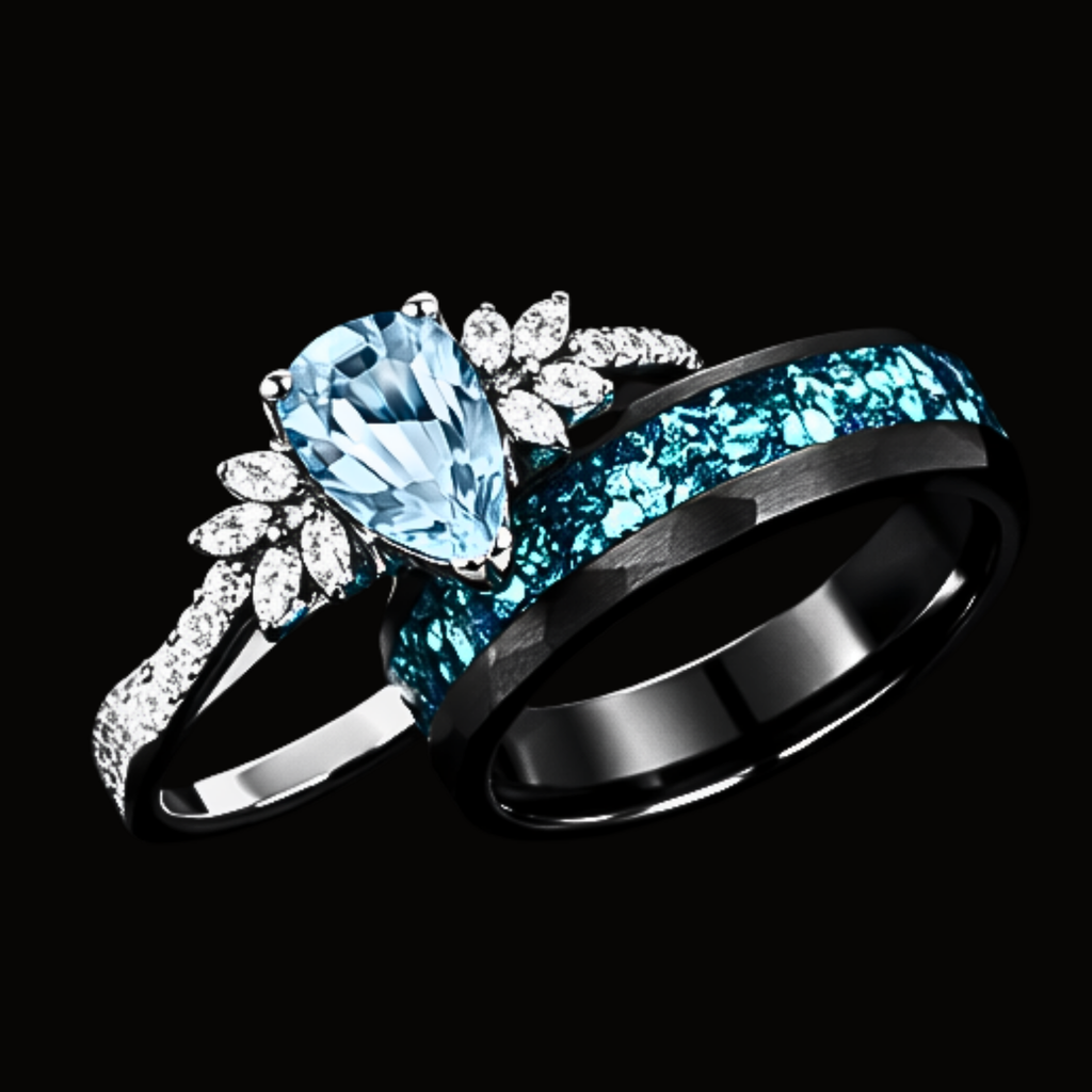 Véskara Ocean Blue Topaz & Diamond Ring Set – Teal Inlay Wedding Band Pair