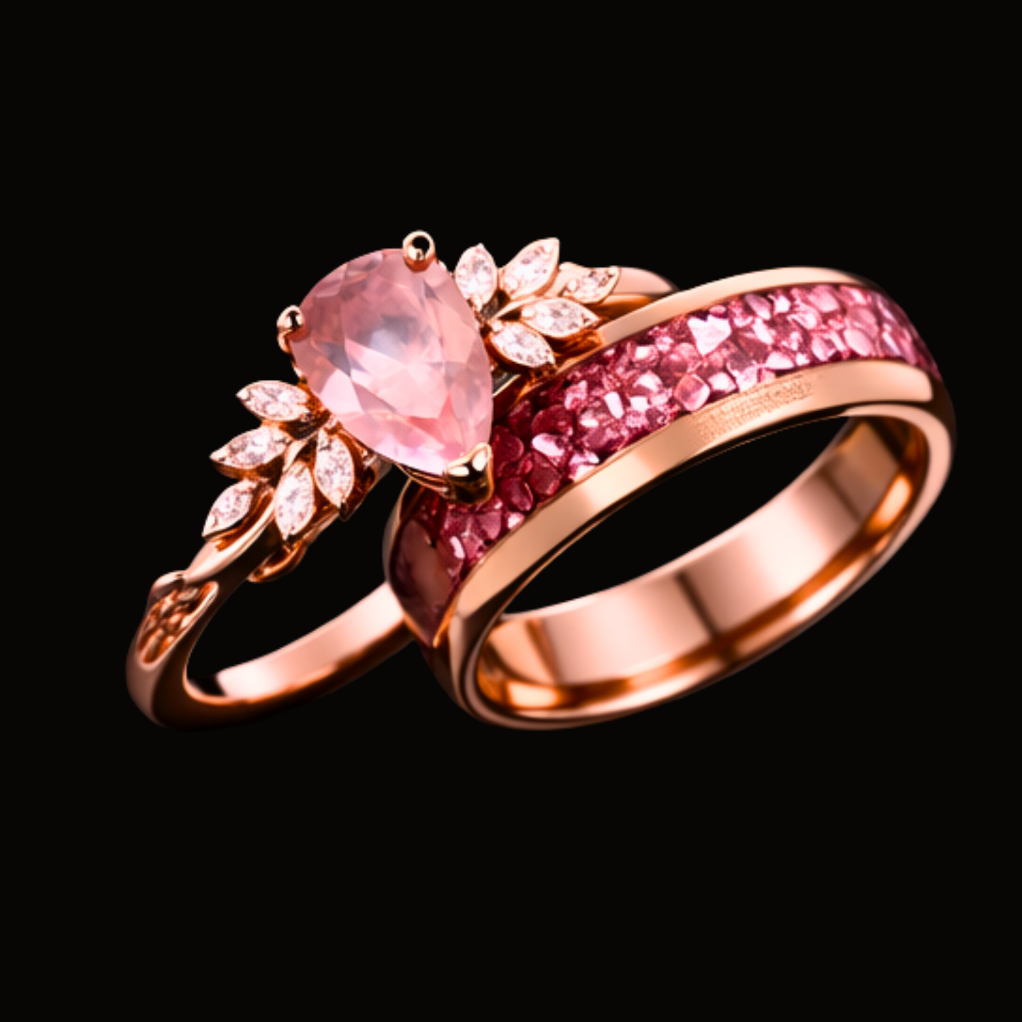 Véskara Blush Pink Sapphire & Diamond Ring Set – Rose Gold Floral Statement Rings