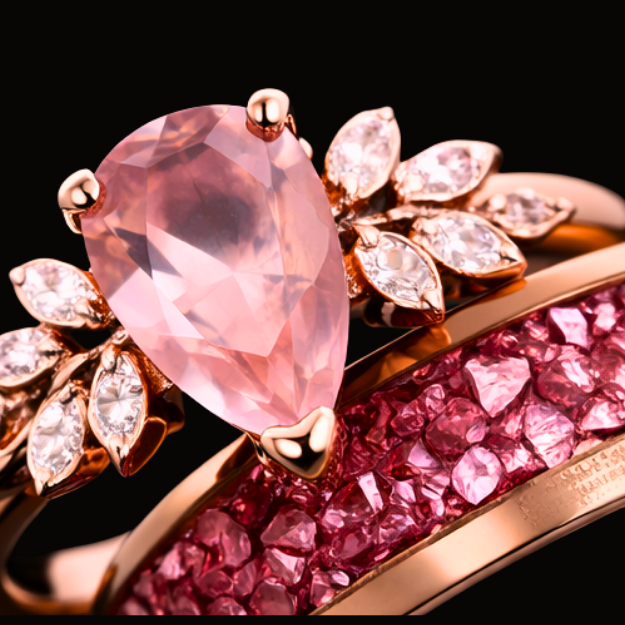 Véskara Blush Pink Sapphire & Diamond Ring Set – Rose Gold Floral Statement Rings