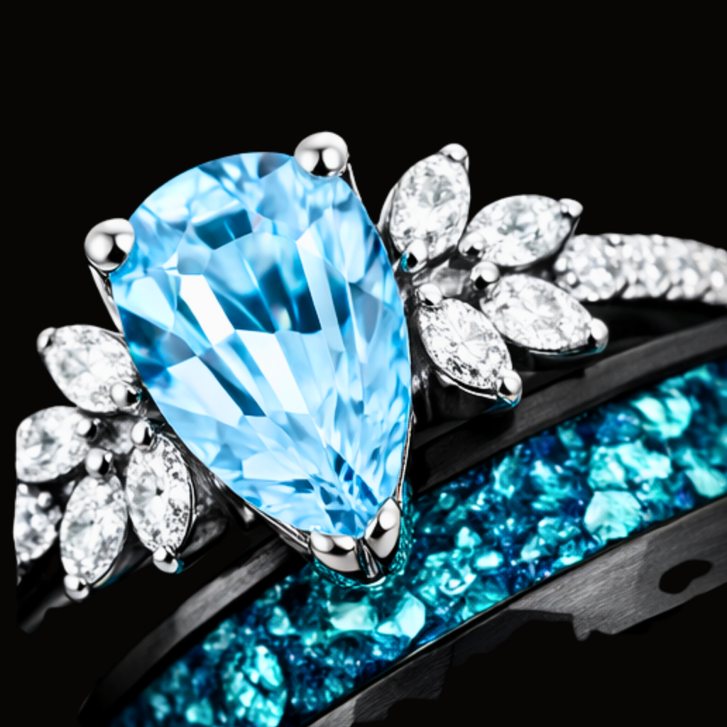 Véskara Ocean Blue Topaz & Diamond Ring Set – Teal Inlay Wedding Band Pair