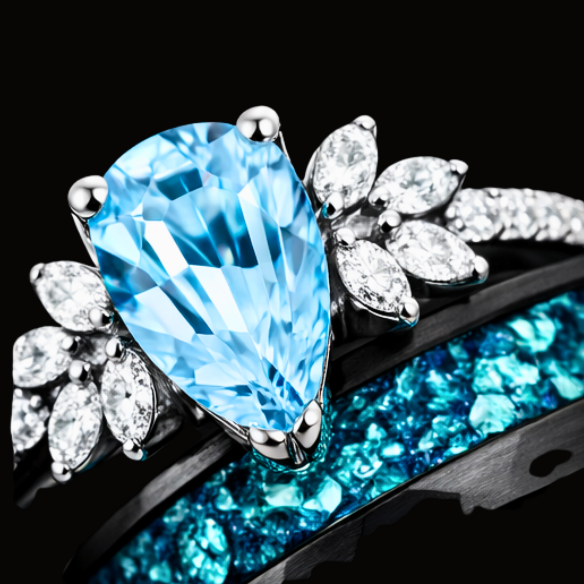 Véskara Ocean Blue Topaz & Diamond Ring Set – Teal Inlay Wedding Band Pair