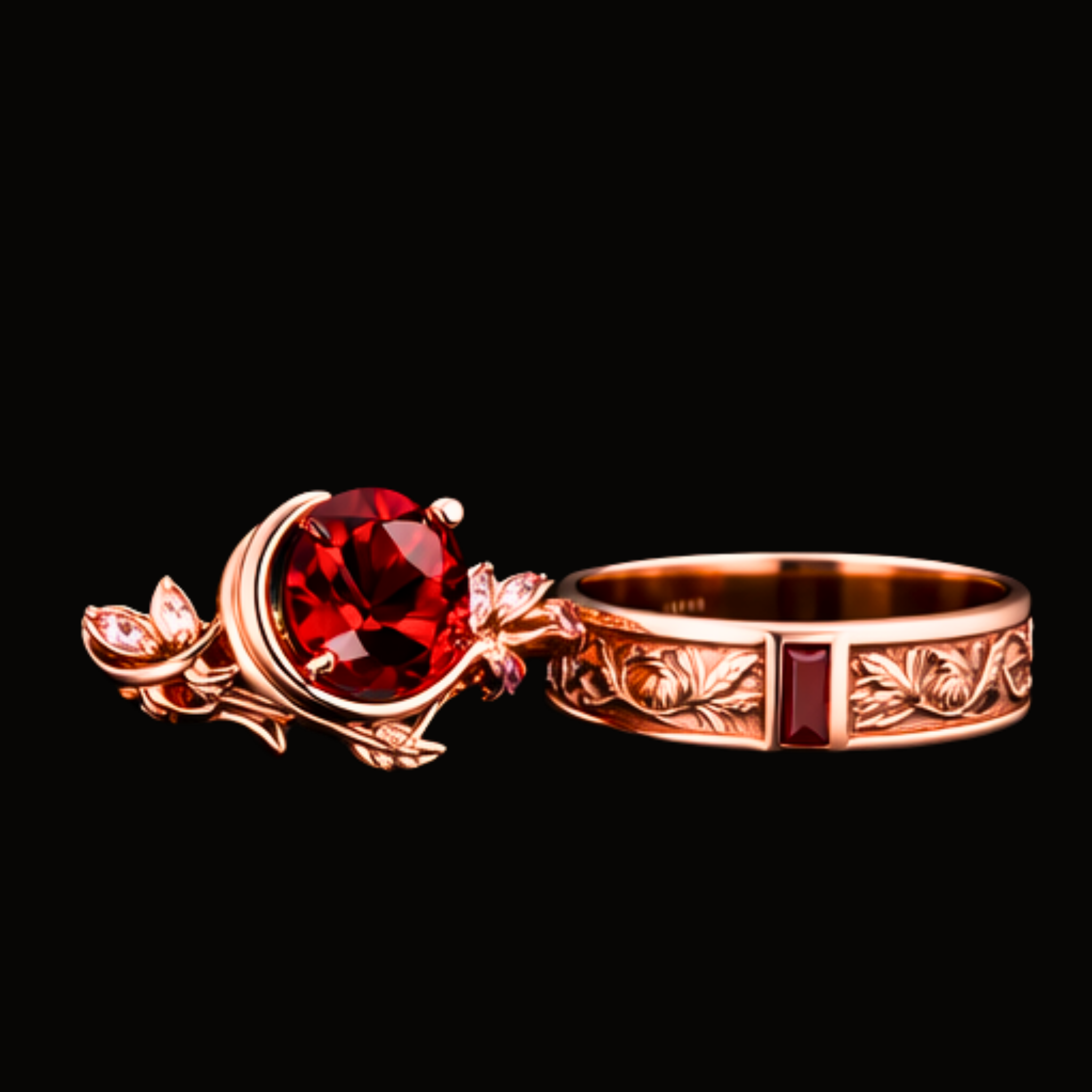 Véskara Crimson Heart Ruby Ring Set – Rose Gold Vintage Floral Band Pair