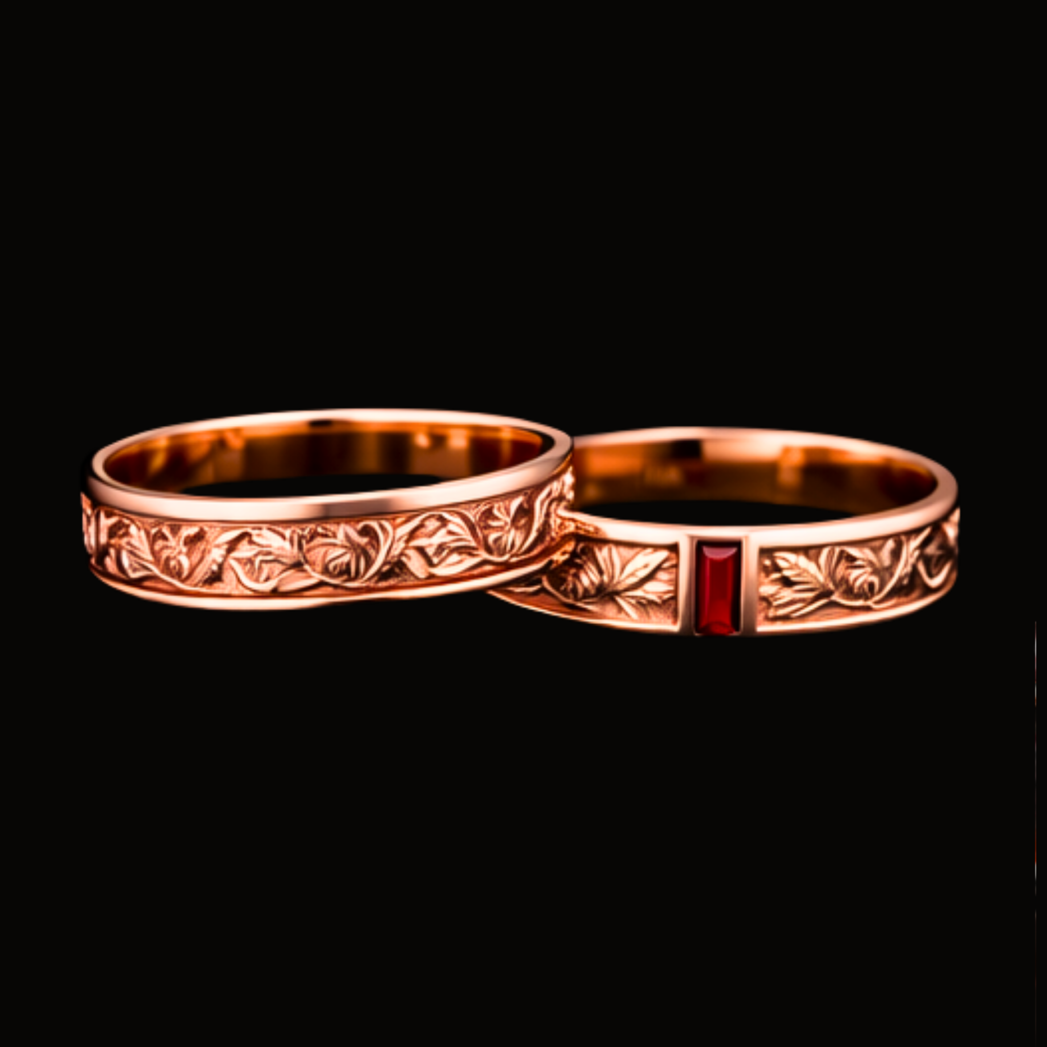 Véskara Crimson Heart Ruby Ring Set – Rose Gold Vintage Floral Band Pair