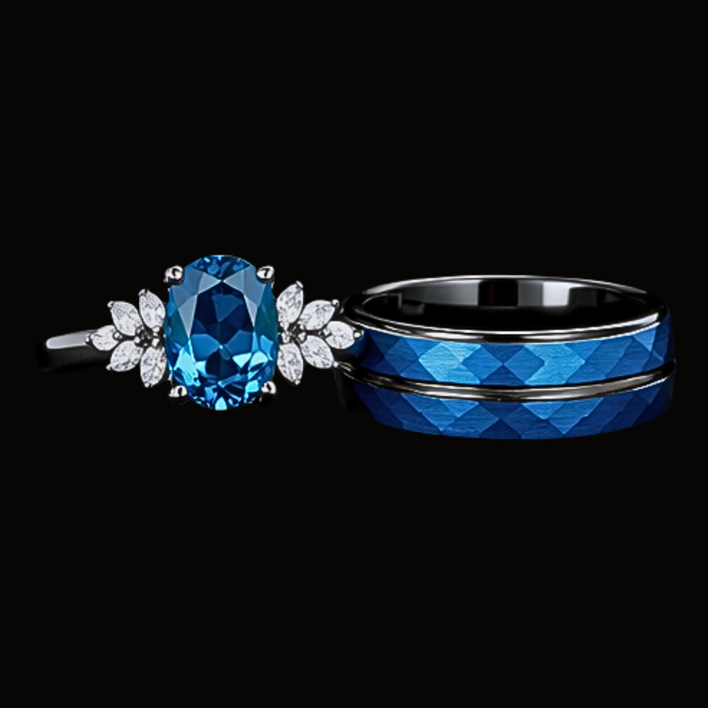 Véskara Azure Sapphire & Diamond Ring Set – Blue Faceted Wedding Band Pair