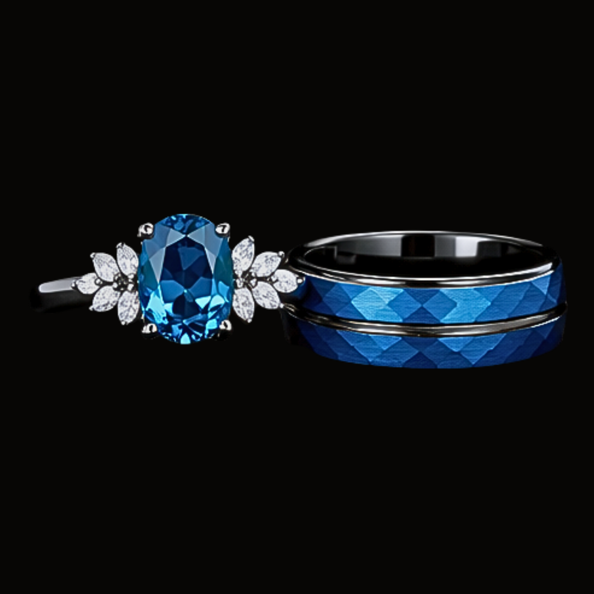 Véskara Azure Sapphire & Diamond Ring Set – Blue Faceted Wedding Band Pair