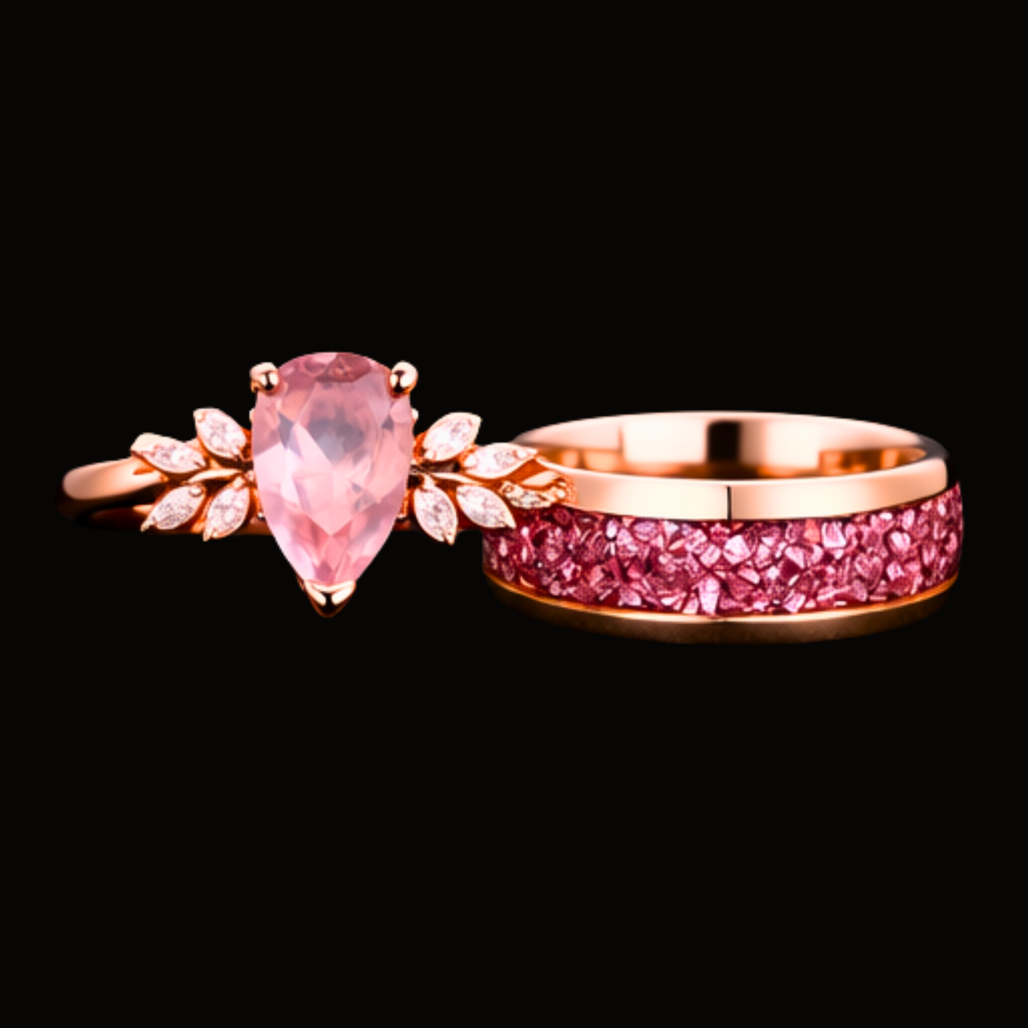 Véskara Blush Pink Sapphire & Diamond Ring Set – Rose Gold Floral Statement Rings