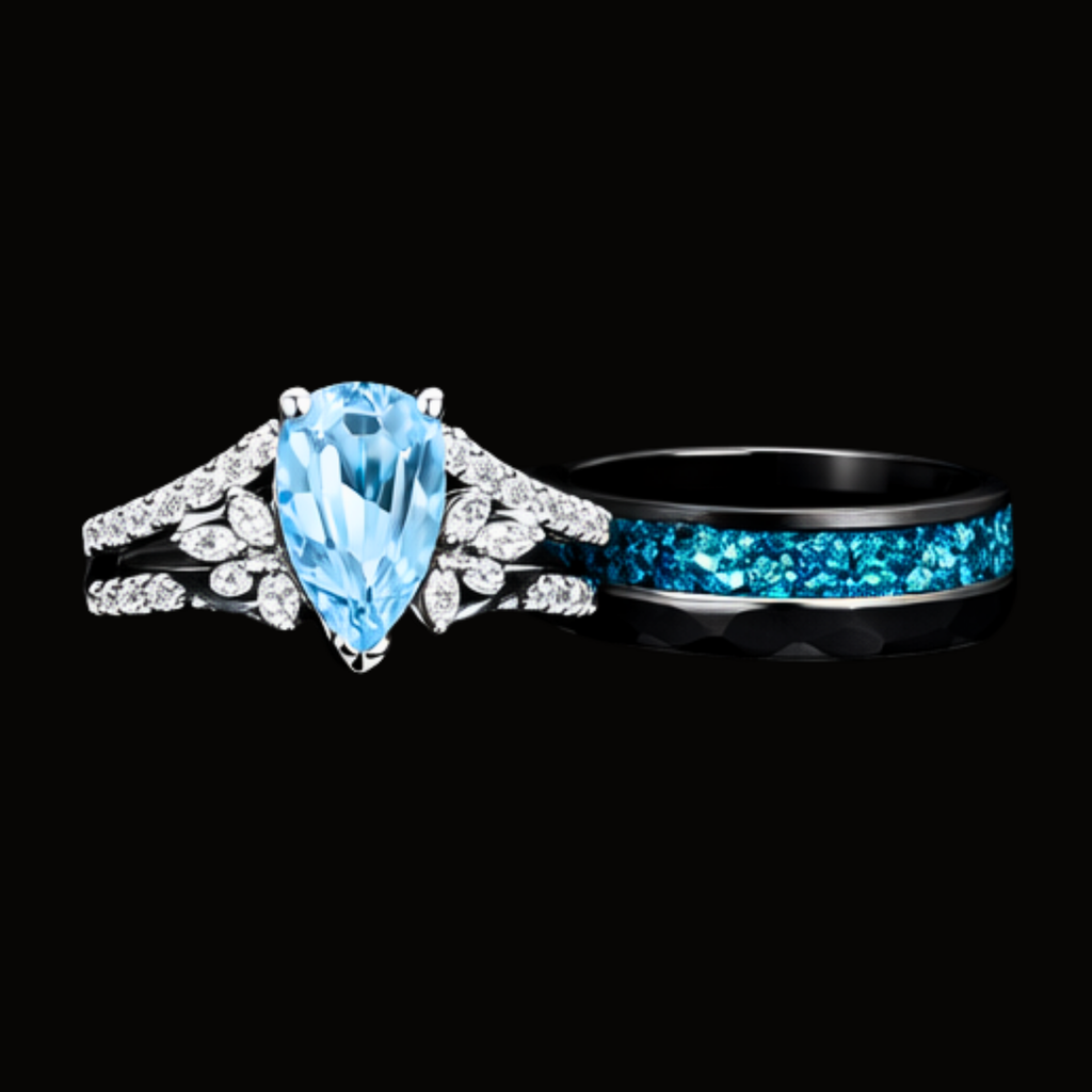 Véskara Ocean Blue Topaz & Diamond Ring Set – Teal Inlay Wedding Band Pair
