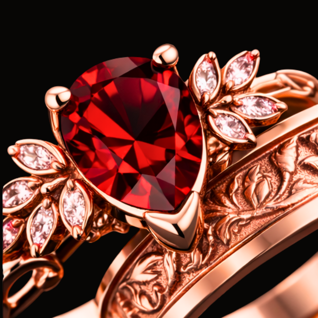 Véskara Crimson Heart Ruby Ring Set – Rose Gold Vintage Floral Band Pair